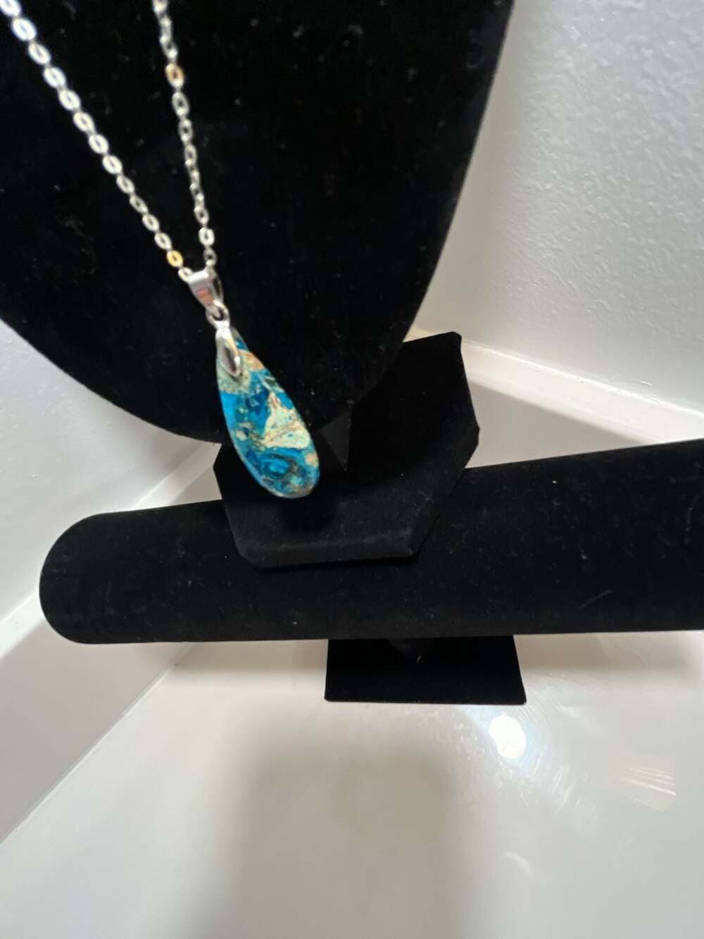 Blue Mosaic Sea Sediment Jasper Drilled Sterling Silver Wire Bead For Pendant